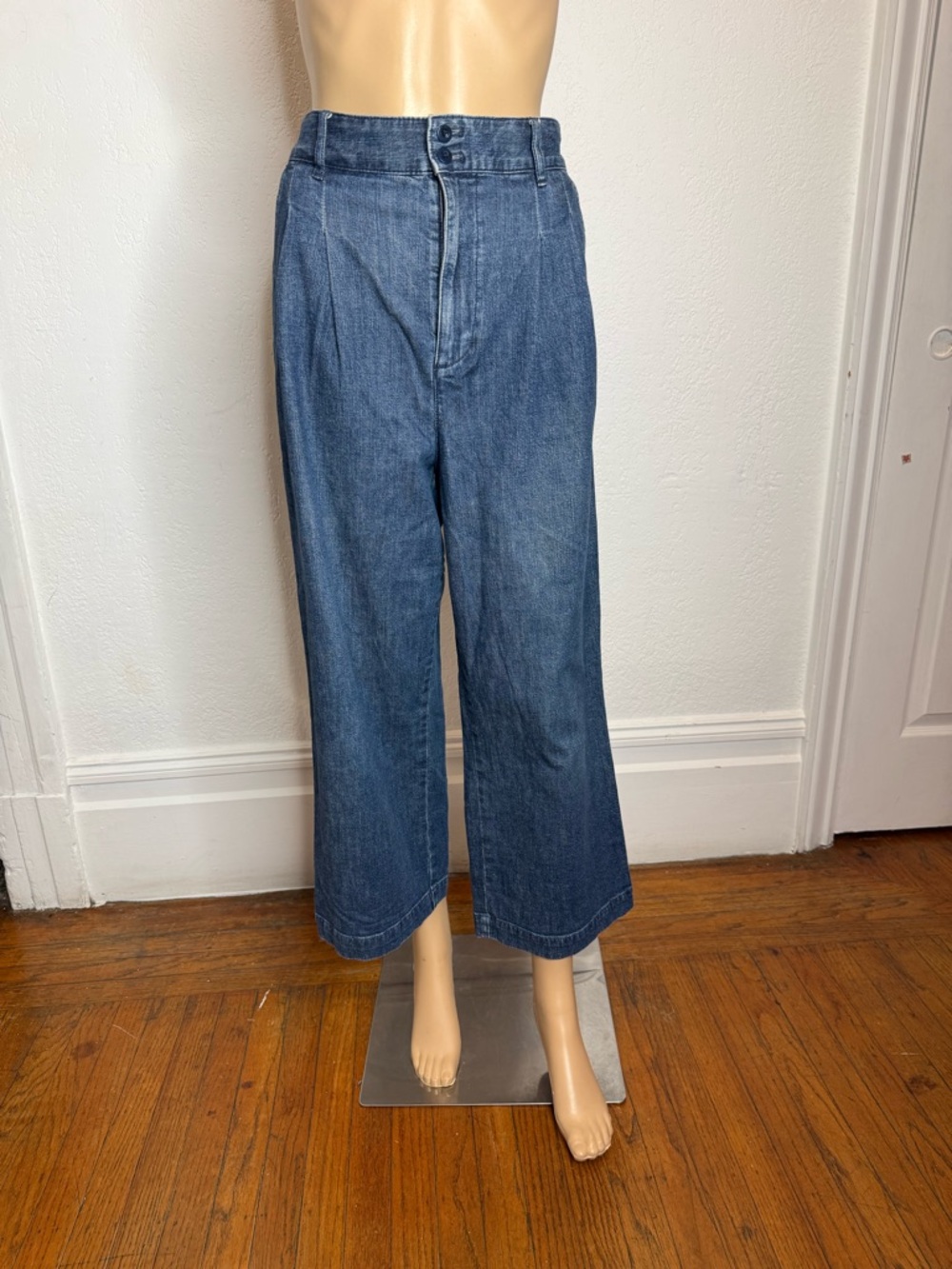 Madewell Women's Pleated Wide Leg Denim Stretch Blue Jeans Pants Size 8